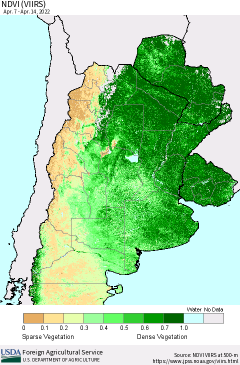 Southern South America NDVI (VIIRS) Thematic Map For 4/11/2022 - 4/20/2022