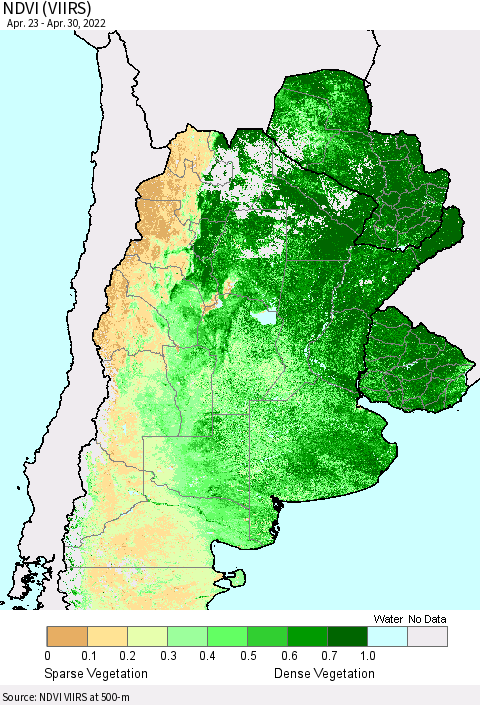 Southern South America NDVI (VIIRS) Thematic Map For 4/23/2022 - 4/30/2022