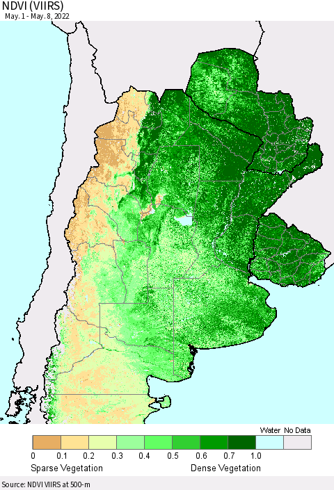 Southern South America NDVI (VIIRS) Thematic Map For 5/1/2022 - 5/8/2022