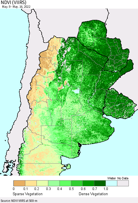 Southern South America NDVI (VIIRS) Thematic Map For 5/9/2022 - 5/16/2022