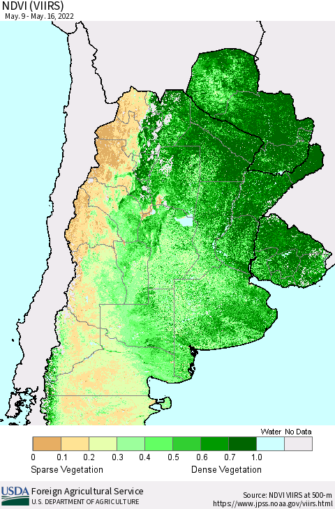 Southern South America NDVI (VIIRS) Thematic Map For 5/11/2022 - 5/20/2022