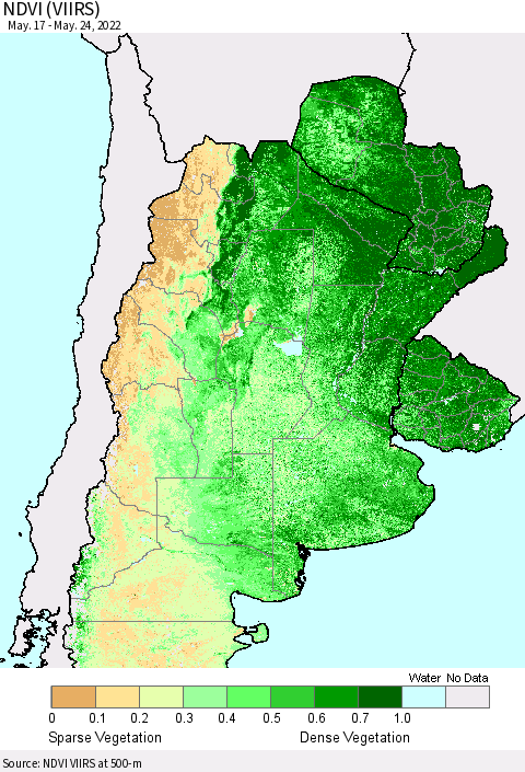 Southern South America NDVI (VIIRS) Thematic Map For 5/17/2022 - 5/24/2022