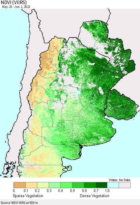 Southern South America NDVI (VIIRS) Thematic Map For 5/25/2022 - 6/1/2022