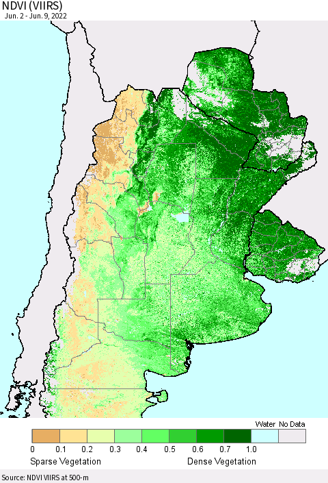 Southern South America NDVI (VIIRS) Thematic Map For 6/2/2022 - 6/9/2022