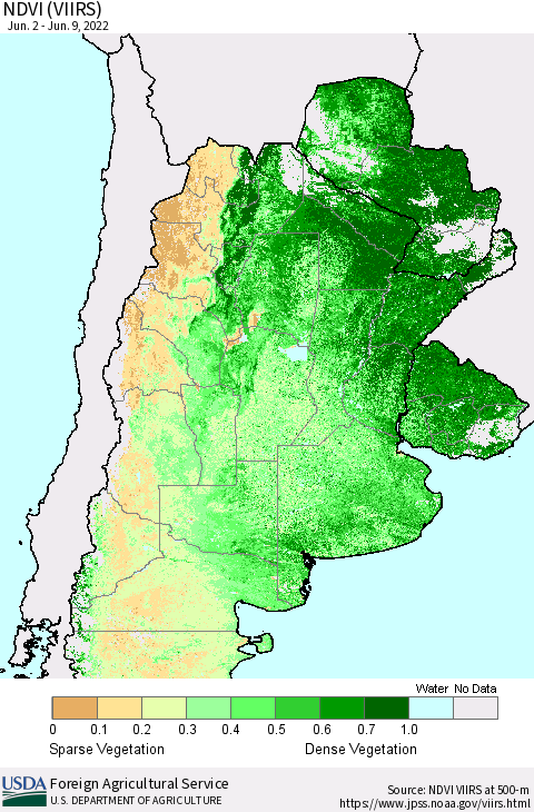 Southern South America NDVI (VIIRS) Thematic Map For 6/1/2022 - 6/10/2022