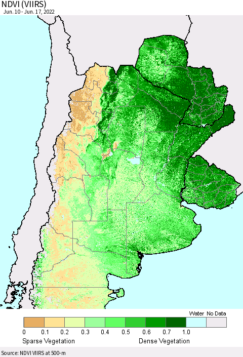 Southern South America NDVI (VIIRS) Thematic Map For 6/10/2022 - 6/17/2022