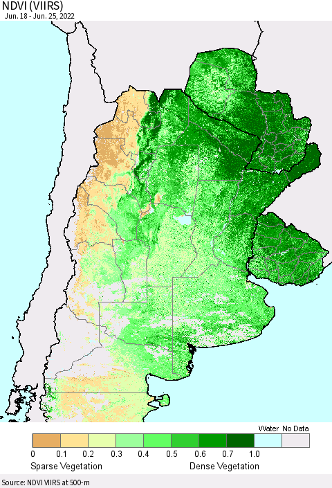 Southern South America NDVI (VIIRS) Thematic Map For 6/18/2022 - 6/25/2022