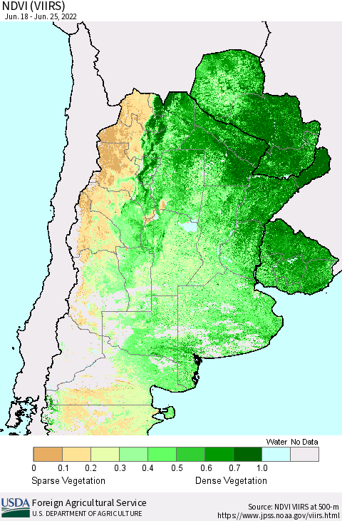 Southern South America NDVI (VIIRS) Thematic Map For 6/21/2022 - 6/30/2022