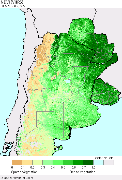 Southern South America NDVI (VIIRS) Thematic Map For 6/26/2022 - 7/3/2022