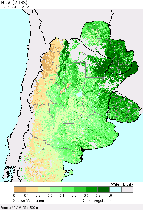 Southern South America NDVI (VIIRS) Thematic Map For 7/4/2022 - 7/11/2022