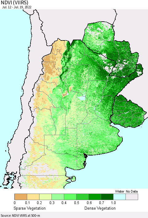 Southern South America NDVI (VIIRS) Thematic Map For 7/12/2022 - 7/19/2022