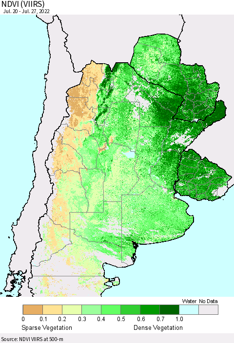 Southern South America NDVI (VIIRS) Thematic Map For 7/20/2022 - 7/27/2022