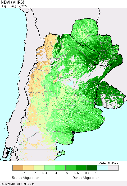 Southern South America NDVI (VIIRS) Thematic Map For 8/5/2022 - 8/12/2022