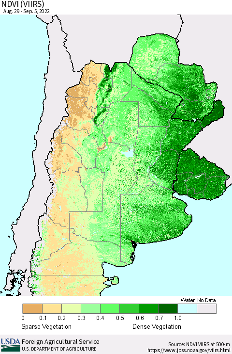Southern South America NDVI (VIIRS) Thematic Map For 9/1/2022 - 9/10/2022