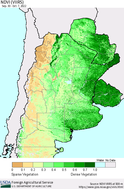 Southern South America NDVI (VIIRS) Thematic Map For 10/1/2022 - 10/10/2022
