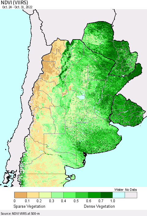 Southern South America NDVI (VIIRS) Thematic Map For 10/24/2022 - 10/31/2022