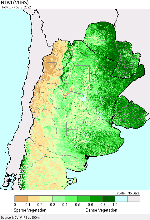 Southern South America NDVI (VIIRS) Thematic Map For 11/1/2022 - 11/8/2022