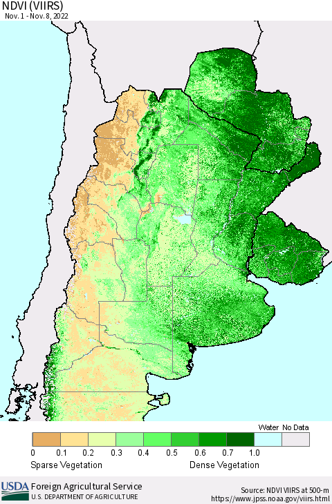 Southern South America NDVI (VIIRS) Thematic Map For 11/1/2022 - 11/10/2022