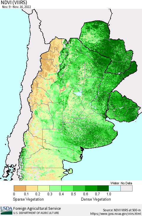 Southern South America NDVI (VIIRS) Thematic Map For 11/11/2022 - 11/20/2022
