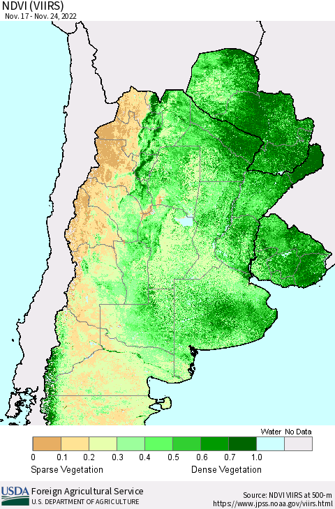 Southern South America NDVI (VIIRS) Thematic Map For 11/21/2022 - 11/30/2022