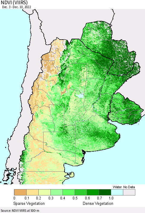 Southern South America NDVI (VIIRS) Thematic Map For 12/1/2022 - 12/10/2022