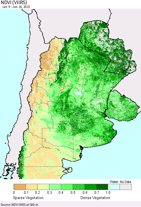 Southern South America NDVI (VIIRS) Thematic Map For 1/9/2023 - 1/16/2023