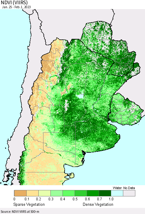 Southern South America NDVI (VIIRS) Thematic Map For 1/25/2023 - 2/1/2023