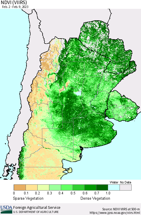 Southern South America NDVI (VIIRS) Thematic Map For 2/1/2023 - 2/10/2023