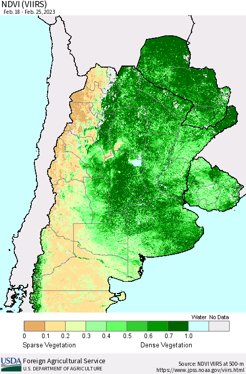 Southern South America NDVI (VIIRS) Thematic Map For 2/21/2023 - 2/28/2023