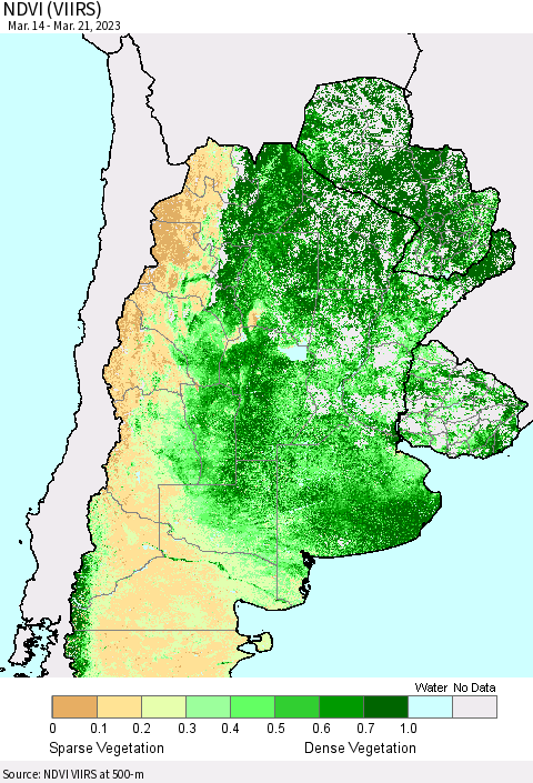 Southern South America NDVI (VIIRS) Thematic Map For 3/14/2023 - 3/21/2023