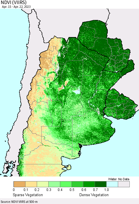 Southern South America NDVI (VIIRS) Thematic Map For 4/15/2023 - 4/22/2023