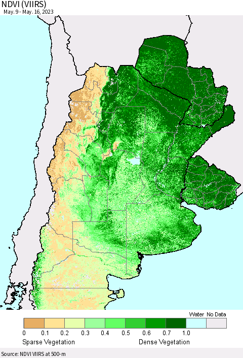 Southern South America NDVI (VIIRS) Thematic Map For 5/9/2023 - 5/16/2023
