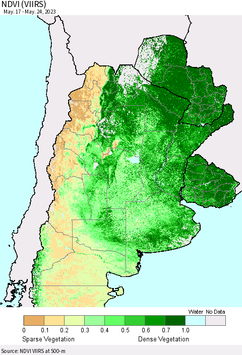 Southern South America NDVI (VIIRS) Thematic Map For 5/17/2023 - 5/24/2023