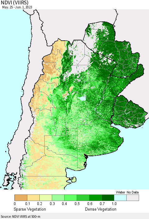 Southern South America NDVI (VIIRS) Thematic Map For 5/25/2023 - 6/1/2023