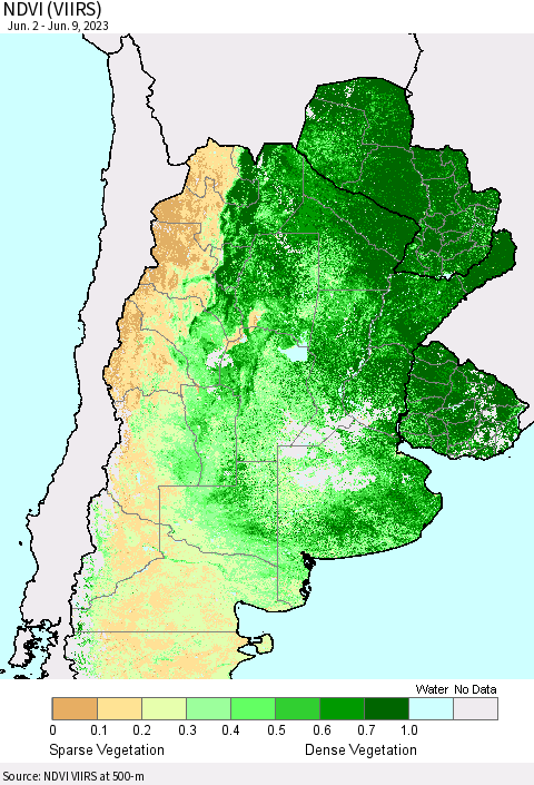 Southern South America NDVI (VIIRS) Thematic Map For 6/2/2023 - 6/9/2023