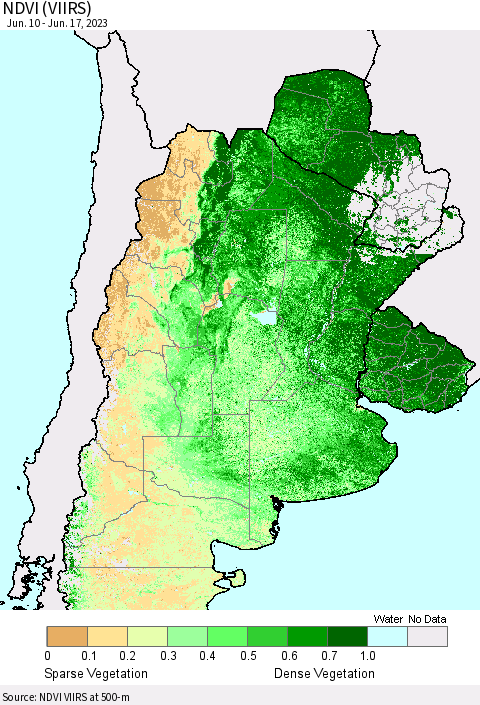Southern South America NDVI (VIIRS) Thematic Map For 6/10/2023 - 6/17/2023