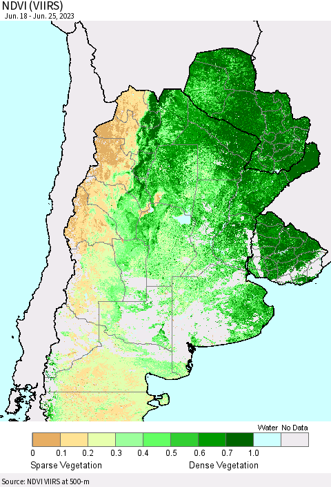 Southern South America NDVI (VIIRS) Thematic Map For 6/18/2023 - 6/25/2023