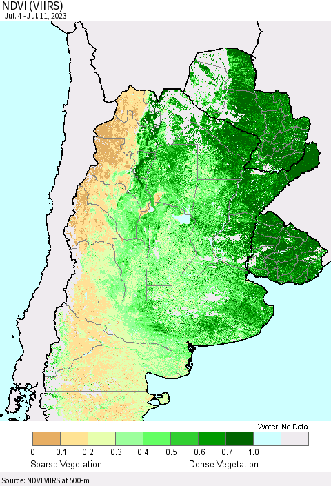 Southern South America NDVI (VIIRS) Thematic Map For 7/4/2023 - 7/11/2023