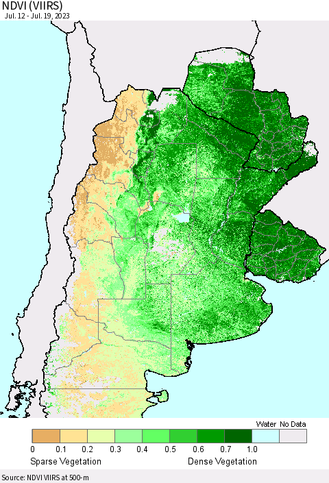 Southern South America NDVI (VIIRS) Thematic Map For 7/12/2023 - 7/19/2023