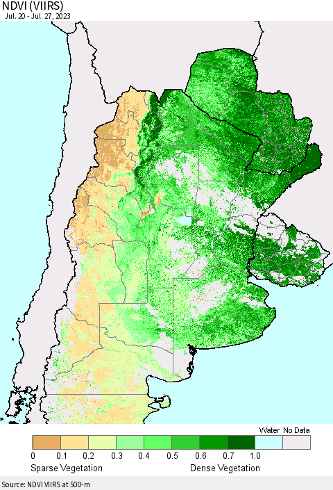Southern South America NDVI (VIIRS) Thematic Map For 7/20/2023 - 7/27/2023