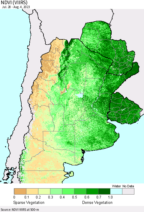 Southern South America NDVI (VIIRS) Thematic Map For 7/28/2023 - 8/4/2023