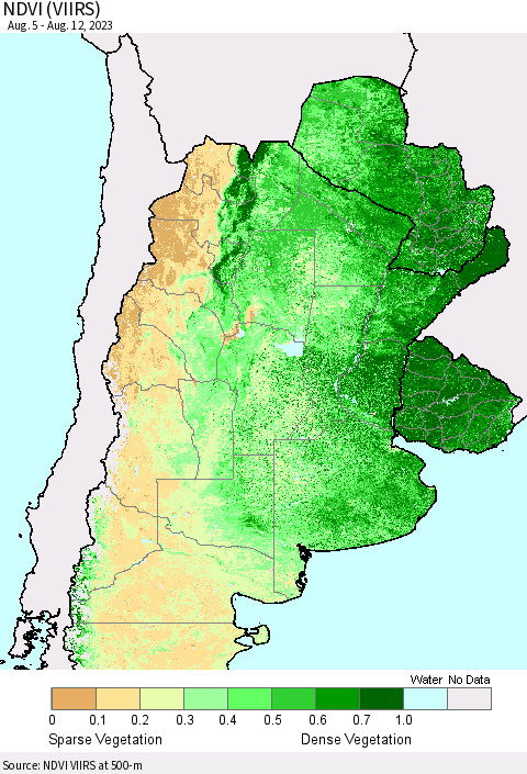 Southern South America NDVI (VIIRS) Thematic Map For 8/5/2023 - 8/12/2023