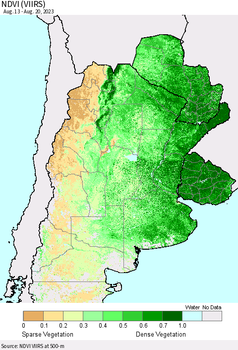Southern South America NDVI (VIIRS) Thematic Map For 8/13/2023 - 8/20/2023