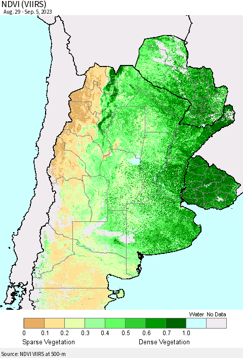 Southern South America NDVI (VIIRS) Thematic Map For 8/29/2023 - 9/5/2023