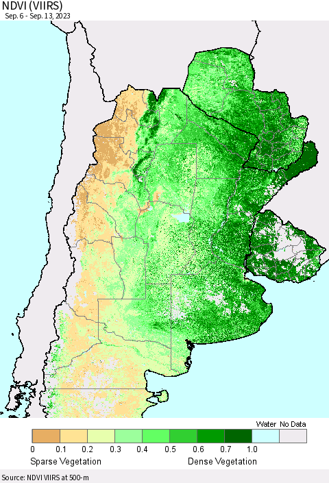 Southern South America NDVI (VIIRS) Thematic Map For 9/6/2023 - 9/13/2023