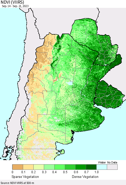Southern South America NDVI (VIIRS) Thematic Map For 9/14/2023 - 9/21/2023