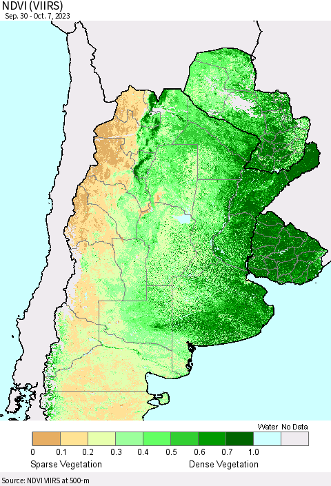 Southern South America NDVI (VIIRS) Thematic Map For 9/30/2023 - 10/7/2023