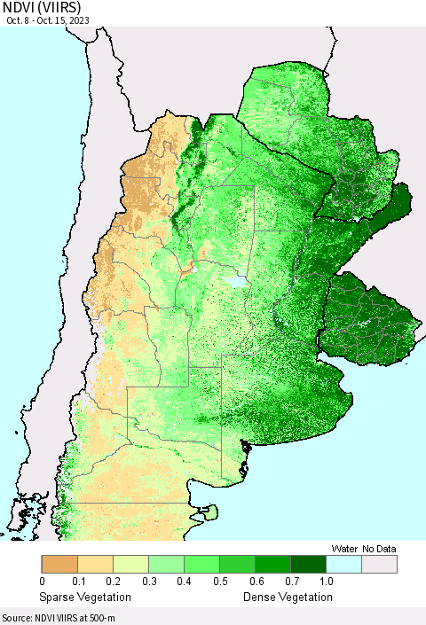 Southern South America NDVI (VIIRS) Thematic Map For 10/8/2023 - 10/15/2023