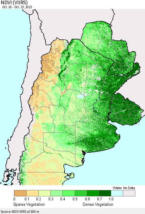 Southern South America NDVI (VIIRS) Thematic Map For 10/16/2023 - 10/23/2023
