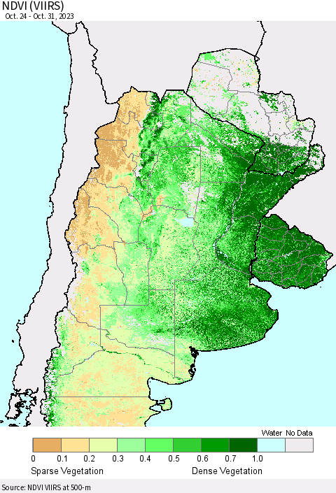 Southern South America NDVI (VIIRS) Thematic Map For 10/24/2023 - 10/31/2023